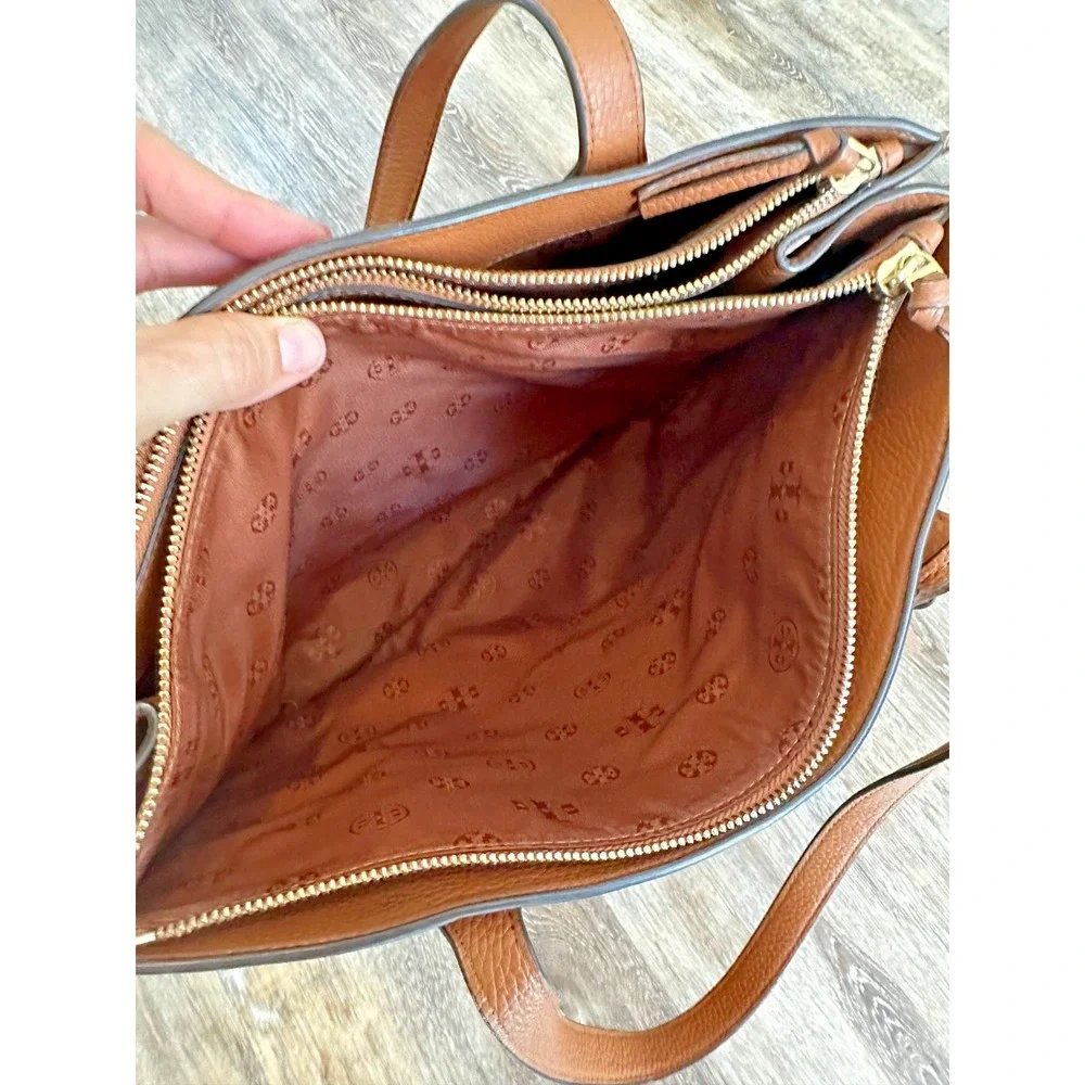 Tory Burch Thea Brown Leather Tote Tassels Purse Multi Pocket Shoulder Bag